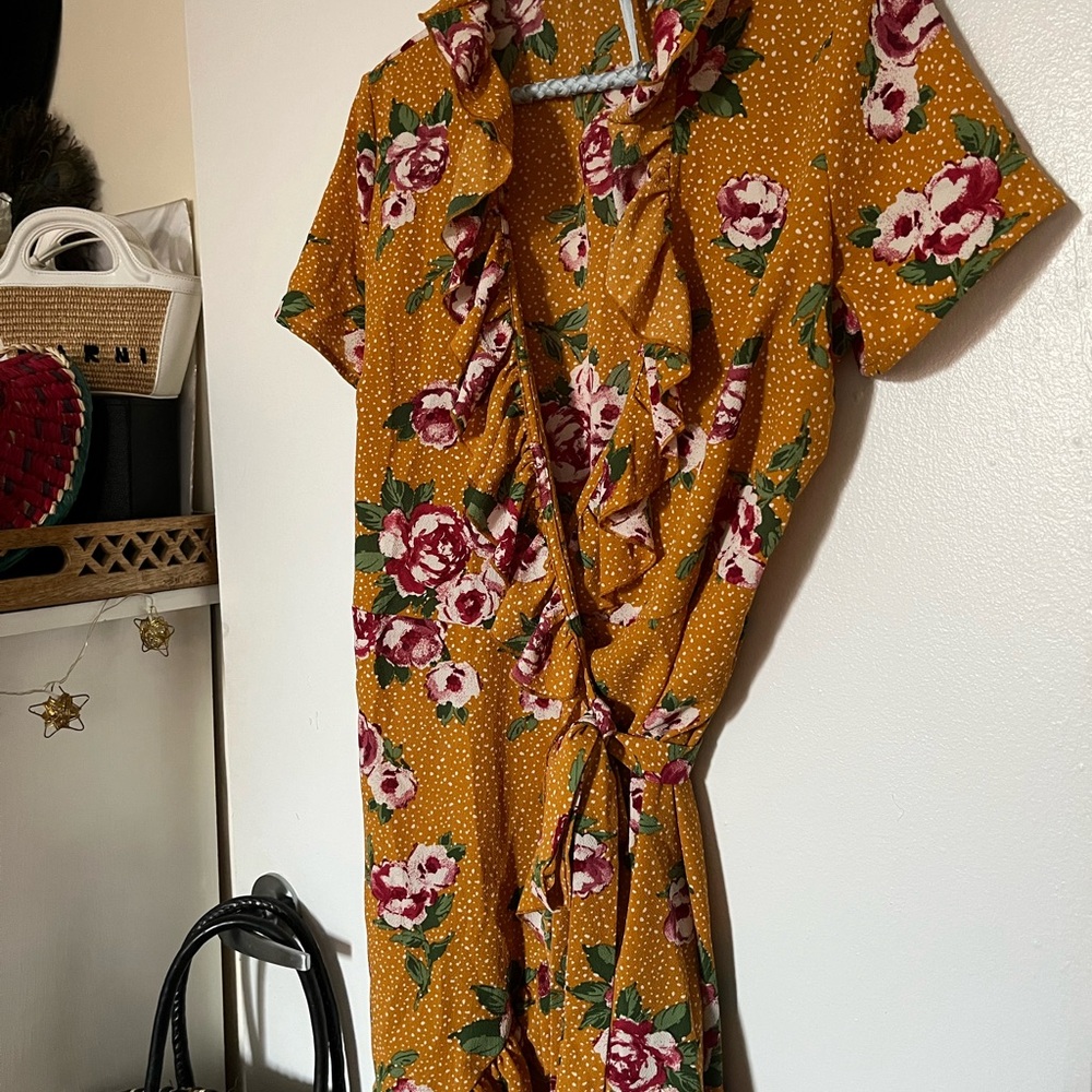 Floral Ruffle Mustard Yellow Wrap Dress